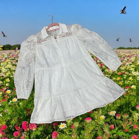 Aeom Womens A Line Dress White Short Lace Collar Boho style size S - Picture 6 of 14